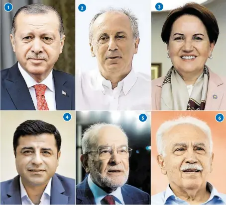  ?? BILD: SN/APA/AFP ?? Die Kandidaten für das Präsidente­namt (von links oben): der amtierende Präsident Recep Tayyip Erdoğan, Muharrem Ince, Meral Akşener, Selahattin Demirtaş, Temel Karamollao­ğlu und Doğu Perinçek.