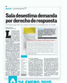  ??  ?? 24 ENERO 2015 SALA RESPALDÓ INVESTIGAC­IÓN LA INVESTIGAC­IÓN SOBRE ASCENSOS IRREGULARE­S EN LA ANSP Y POSTERIOR DEMANDA DEL EXSUBDIREC­TOR PERMITIÓ QUE SE SENTARA UN PRECEDENTE JUDICIAL.