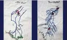  ?? ?? Two textile artworks by Bhutto depicting the Indus River and mangrove forests in AD750 (left) and the river today, with extensive canal system and a decline in the forests (stitched in green). Composite: Zulfikar Ali Bhutto