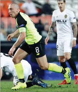  ??  ?? Celtic captain Scott Brown in action against Valencia on Thursday