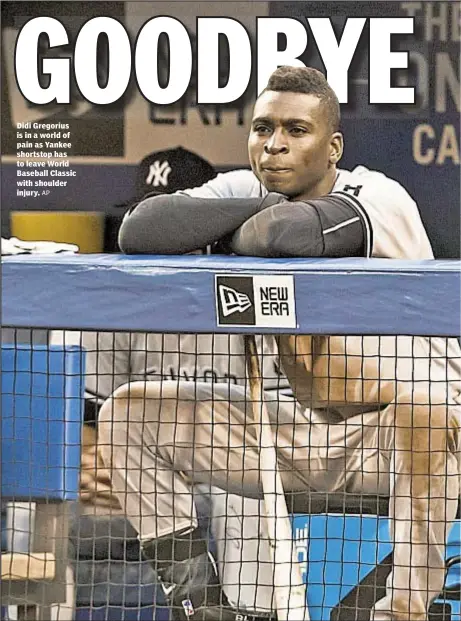  ?? AP ?? Didi Gregorius is in a world of pain as Yankee shortstop has to leave World Baseball Classic with shoulder injury.