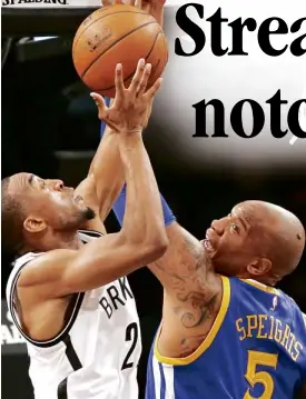  ?? AP ?? BROOKLYN Nets guard Markel Brown (left) tries to grab the rebound from Golden State Warriors center Marreese Speights.