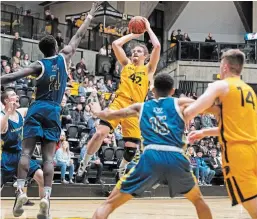  ?? WATERLOO REGION RECORD FILE PHOTO ?? University of Waterloo Warriors’ Nedim Hodzic forward goes up for a shot against the Laurentian Voyageurs. Men’s basketball is one of the sports that will not see a national champion crowned in 2021.