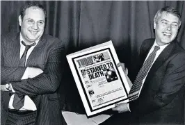  ??  ?? Macarthur, right, with Eddy Shah and a dummy edition of Today, which launched in March 1986