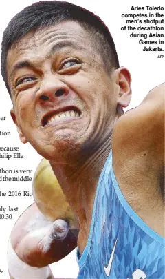  ?? AFP ?? Aries Toledo competes in the men’s shotput of the decathlon during Asian Games in Jakarta.