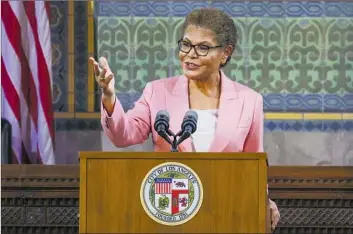  ?? Robert Gauthier Los Angeles Times ?? MAYOR BASS unveiled an effort to solicit donations for homeless housing in her State of the City speech.