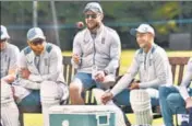  ?? AP ?? England coach Brendon McCullum (centre) shares a light moment with Jonny Bairstow and Joe Root on Thursday.