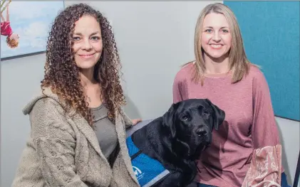  ?? WILLIAM HARVEY/THREE RIVERS EDITION ?? Felicia Patten, left, and Robin Connell pose with Jake, an 83-pound English Labrador, who will help calm the fears of children who come to the Child Safety Center of White County in Searcy. Patten is a forensic interviewe­r and Jake’s secondary handler;...