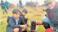  ?? Photo / Rachel Canning ?? Lake Taupō Christian School students Ezra Notoa (left) and Jeshnil Lal team up with Roger Coles (right) to plant trees at Greening Taupō ‘s 2022 arbor day event at Crown Park.