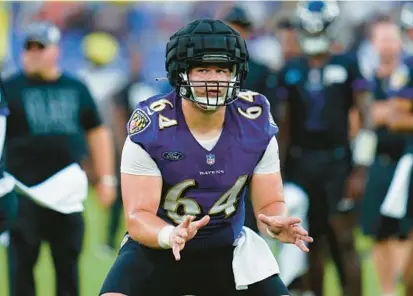  ?? JULIO CORTEZ/AP ?? An MRI showed no serious damage to the left foot of Ravens center Tyler Linderbaum, coach John Harbaugh said, but the first-round draft pick could miss a week or more of training camp.