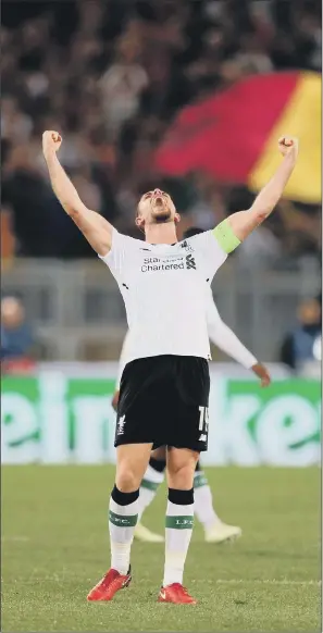  ?? PICTURE: STEVEN PASTON/PA ?? FINAL MOMENT: Liverpool’s Jordan Henderson celebrates reaching the Champions League Final after their semi-final, second leg tie against Roma at the Stadio Olimpico, Rome. Liverpool lost 4-2 on the night, but won 7-6 on aggregate, to secure a final...