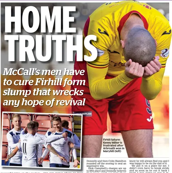  ??  ?? Firhill failure: Kenny Miller is frustrated after Arbroath won in Maryhill (left)