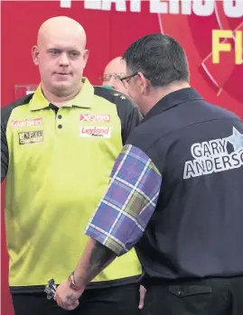  ??  ?? DUTCH COURAGE Van Gerwen consoles Anderson after the semi-final showdown