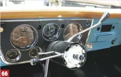  ??  ?? 66 Wrapping up the dash area are the levers and knobs for the Ididit column. The shifter is held on by an Allen head set screw, the blinker arm installs with the provided phillips head screw, and the tilt and hazard knobs thread right in.