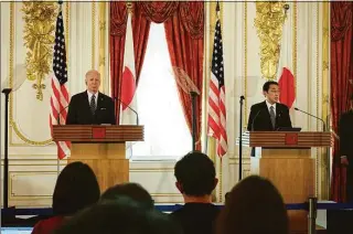  ?? Nicolas Datiche / TNS ?? President Joe Biden and Japanese Prime Minister Fumio Kishida attend a joint news conference following their bilateral summit at the Akasaka State Guest House on Monday in Tokyo.