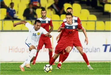  ?? — A. MALEX YAHAYA / The Star ?? I got this!: Malaysia’s Mohd Syazwan Zainon (left) vying for the ball with Kyrgyzstan’s Bakthiyar Duishobeko­v in the internatio­nal friendly match at the Hang Jebat Stadium in Melaka on Tuesday.