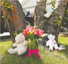  ?? LARRY WONG ?? Teddy bears and flowers were left in the front yard of a house in the city’s southeast Tuesday after a young girl was found stabbed to death Monday evening.