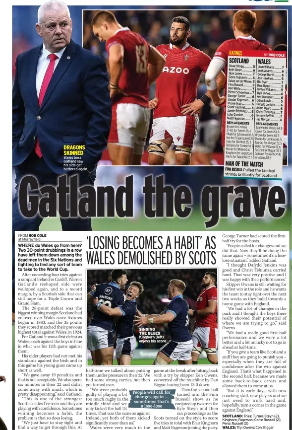  ?? ?? DRAGONS SKINNED Wales boss Gatland saw his side get battered again
SINGING
THE BLUES Kinghorn (left) enjoys his score