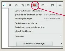  ??  ?? Über das ABP-Icon in der FirefoxMen­üleiste steuern Sie gezielt das Ein- oder Ausblenden von Werbung auf Webseiten.