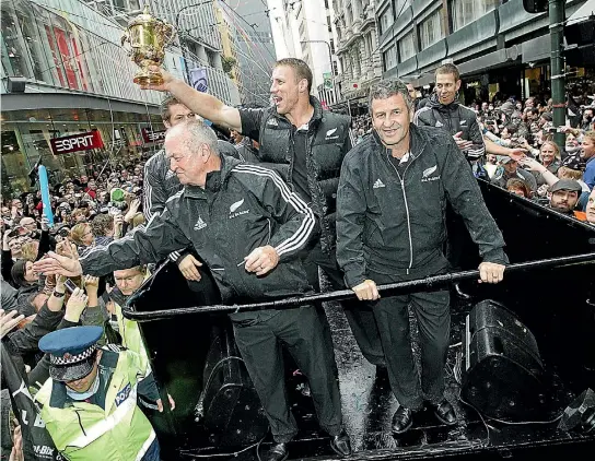  ?? CRAIG SIMCOX/STUFF ?? The All Blacks parade the World Cup in Wellington in 2011 - scenes that are unlikely to happen again.