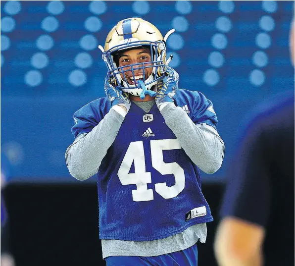  ??  ?? Second-year linebacker Jovan Santos-Knox is battling at training camp to claim the starting job he assumed in the second half of his rookie campaign last year, when he recorded two sacks, two intercepti­ons and a forced fumble.