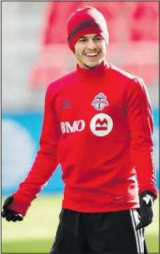  ?? THE CANADIAN PRESS ?? Bad field conditions at BMO Field tonight could hinder Reds’ Sebastien Giovinco efforts to get open tonight, while playing