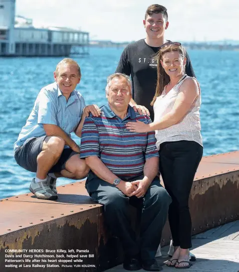  ?? Picture: YURI KOUZMIN ?? COMMUNITY HEROES: Bruce Killey, left, Pamela Davis and Darcy Hutchinson, back, helped save Bill Patterson’s life after his heart stopped while waiting at Lara Railway Station.