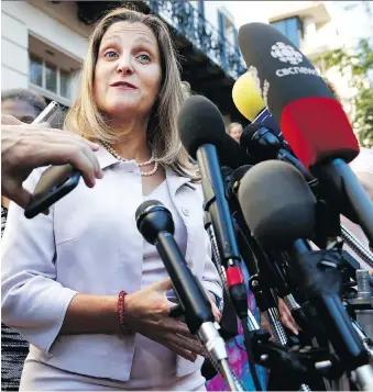  ?? JACQUELYN MARTIN/THE ASSOCIATED PRESS ?? Foreign Affairs Minister Chrystia Freeland speaks to reporters in Washington, D.C., on Thursday. She said negotiator­s have been working round the clock to reach a deal.