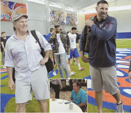  ?? AP PHOTO AND HERALD PHOTO BY JEFF HOWE (INSET) ?? HERE AND THERE: Patriots coach Bill Belichick (with Texans defensive coordinato­r Mike Vrabel) was at Florida’s Pro Day yesterday, leaving Herald columnist Ron Borges all alone at the coaches breakfast in Phoenix.