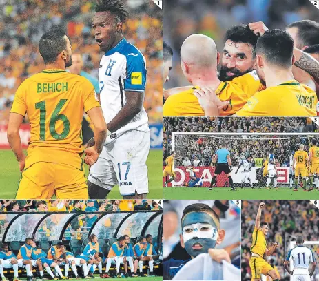  ??  ?? (1) Aziz Behich pelea con Alberth Elis, el jugador que demostró garra catracha en Australia. (2) Mile Jedinak ya batió a Donis Escober y así lo celebra con sus compañeros. (3) El gol que abrió la lata: tiro libre de Jedinak y la pelota rebota en Henry...