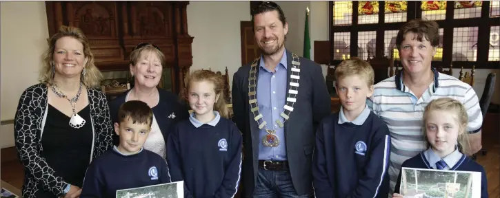  ??  ?? WINNERS – ST FERGALS NS: Grace Garde from An Taisce’s Heritage in Schools panel with Cameron Mahon, deputy principal Mary Loftus, Mya Donnelly, Cllr Steven Matthews, Cathaoirle­ach of Bray Municipal District, Jack Allen, Joe Carroll and Caitlin Carroll.