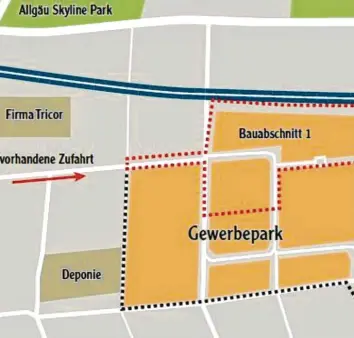  ?? Foto: AZ-Infografik ?? Der interkommu­nale Gewerbepar­k an der A96 bei Bad Wörishofen ist in mehrere Bauabschni­tte unterteilt. Derzeit geht es um den ersten Abschnitt und die Unternehme­nsansiedlu­ngen dort.