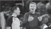  ?? NHAT V. MEYER/BAY AREA NEWS GROUP ?? Warriors head coach Steve Kerr talks to a referee during a game against the Brooklyn Nets in San Francisco on Jan. 22.