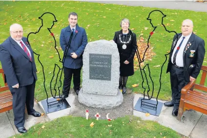  ??  ?? Honouring war dead At launch of statues are (left) John Bell, Stirling branch secretary of the Royal British Legion Scotland; council armed forces champion, Councillor Bryan Flannagan; Provost, Christine Simpson and Poppy Scotland’s area organiser for Stirling, Jimmy Mann