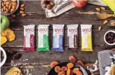  ??  ?? This undated photo provided by Exo shows different flavors of their protein bars. Exo bars are gluten, soy and dairy free, offering 10 grams of protein per bar from cricket flour.