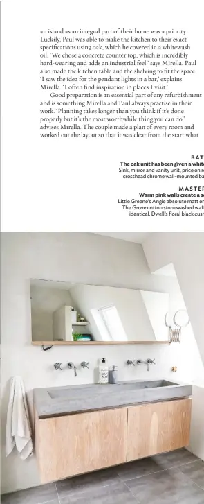  ??  ?? BATHROOM The oak unit has been given a whitewashe­d finish for a contempora­ry look.
Sink, mirror and vanity unit, price on request, PH Meubels op Maat. Try the Pablo crosshead chrome wall-mounted basin mixer tap, £99.95, Victorian Plumbing