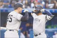  ?? Fred Thornhill / Associated Press ?? The Yankees’ Gleyber Torres, right, is met by teammate Luke Voit after hitting a tworun home run against the Blue Jays on Saturday.