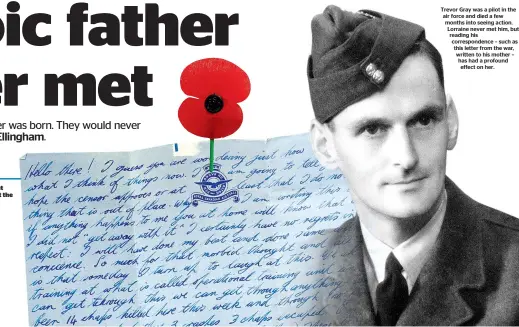  ??  ?? Trevor Gray was a pilot in the air force and died a few months into seeing action. Lorraine never met him, but reading his correspond­ence – such as this letter from the war, written to his mother – has had a profound effect on her.