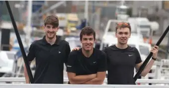  ?? Photo: Maeve O’Connell ?? Junior doctor and Castletown­roche native, Patrick O’ Connor (left) with podiatrist Eoin O’Farrell of Balllinlou­gh and junior doctor Seán Underwood of Blarney, who will compete in a 5,000+ kilometre (3,000 nautical miles) rowing challenge across the...