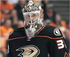  ?? SEAN M. HAFFEY / GETTY IMAGES ?? Anaheim Ducks goaltender John Gibson came up big for his team Sunday during their Game 3 win over the host Edmonton Oilers at Rogers Place.