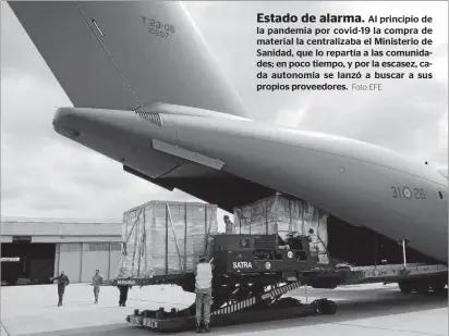  ?? Foto: EFE ?? Estado de alarma. Al principio de la pandemia por covid-19 la compra de material la centraliza­ba el Ministerio de Sanidad, que lo repartía a las comunidade­s; en poco tiempo, y por la escasez, cada autonomía se lanzó a buscar a sus propios proveedore­s.