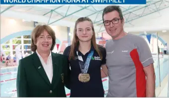  ??  ?? World Champion Mona McSharry with Mary Dunne, President, Swim Ireland and Trevor McDaid at the Co Sligo Swim Club first meet of the season in Cleveragh.