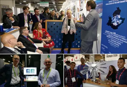  ?? (Photos Ambre Mingaz) ?? La rencontre avec les représenta­nts de la ville de Vegas sur le stand de la Région avec Françoise Bruneteaux, vice-présidente de la Région, Erick Mascaro, élu de la CCI du Var, Christian Tordo de la Métropole Nice Côte d’Azur et Jean-François Royer, directeur général de l’Agence régionale pour l’innovation et l’internatio­nalisation des startups (ARII), devrait ouvrir le champ de startups comme Connected Garden (à gauche) et O’Sol de Cannes qui présentait sa solution solaire mobile.