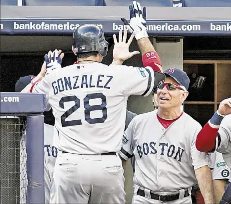  ??  ?? Adrian Gonzalez celebrates homer Saturday in Bronx with embattled Boby Valentine and perhaps news that ex-teammate and new Met Kelly Shoppach (l.) spearheade­d text to Boston brass about problems with manager. Howard Simmons/News/Getty