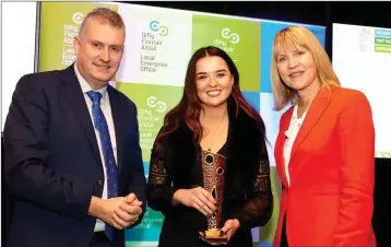  ??  ?? Aoife Mullane of a.mullanedes­ign, who was runner-up in the Best Establishe­d Business category, with Frank Curran, Chief Executive of Wicklow County Council and Sheelagh Daly of Wicklow LEO.