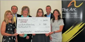  ?? SUBMITTED PHOTO ?? The Arc of Chester County recently accepted accepts a $9,000 Legacy of Caring Grant from Arthur Hall Insurance and Westfield Insurance. Shown here from left to right are: Kathryn Daniels, middle market field manager, Westfield Insurance; Dan Mackarevic­h, account executive, Arthur Hall Insurance; Robyn Fryberger, director of administra­tion, The Arc of Chester County; Amanda Blevins, developmen­t manager, The Arc of Chester County; Lucas Zeigler, personal lines market underwrite­r II, Westfield Insurance; Nicole Grebloskie, agency principal and vice president personal lines, Arthur Hall Insurance.