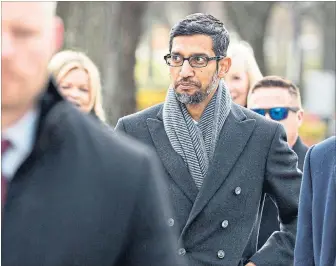  ?? ANDREW HARRER BLOOMBERG ?? Google CEO Sundar Pichai arrives at the White House for a meeting in Washington, D.C., on Dec. 6. Mr. Pichai will testify at his first Congressio­nal hearing on Tuesday.