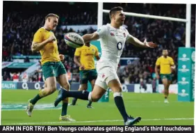  ??  ?? ARM IN FOR TRY: Ben Youngs celebrates getting England’s third touchdown