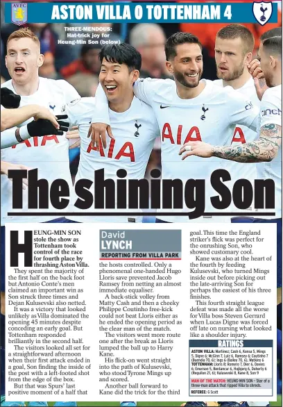  ?? ?? THREE-MENDOUS:
Hat-trick joy for Heung-min Son (below)