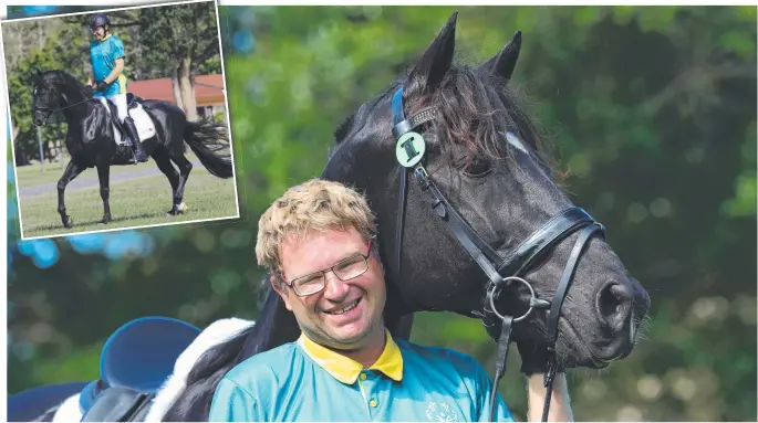  ??  ?? Nathan Harvey, with his horse Domat Mudgeeraba, has celebrated winning two gold medals and a bronze at the Special Olympics World Games in Abu Dhabi. Pictures: GLENN HAMPSON